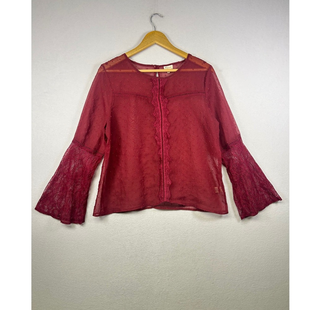 Self Love Sheer Dotted Lace‎ Trim Bell Sleeve Blouse Burgundy XL